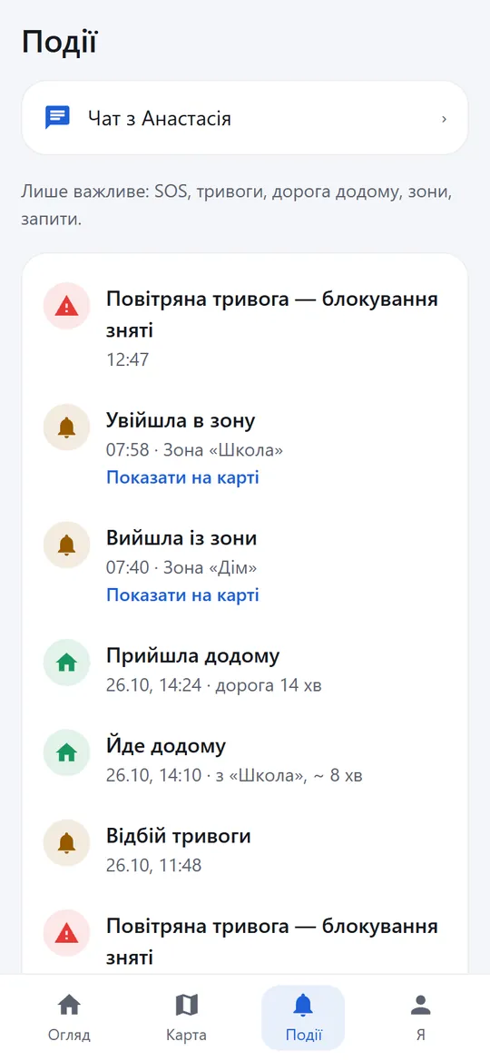 Події в застосунку батьків: «Повітряна тривога — блокування зняті», «Відбій тривоги», «Йде додому»